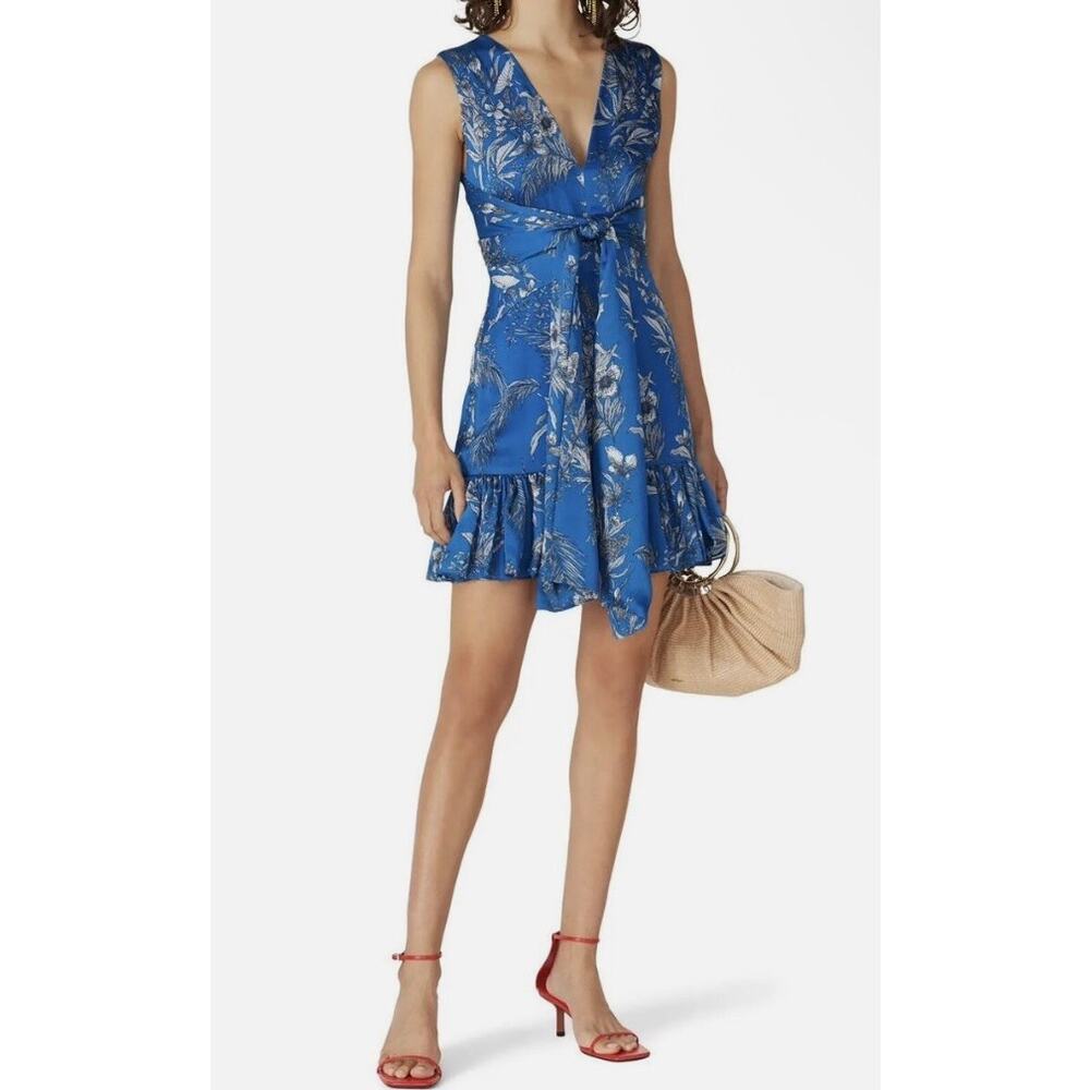 Alexis Blue Floral Print Silky Open Tie Back Mini Dress Size S